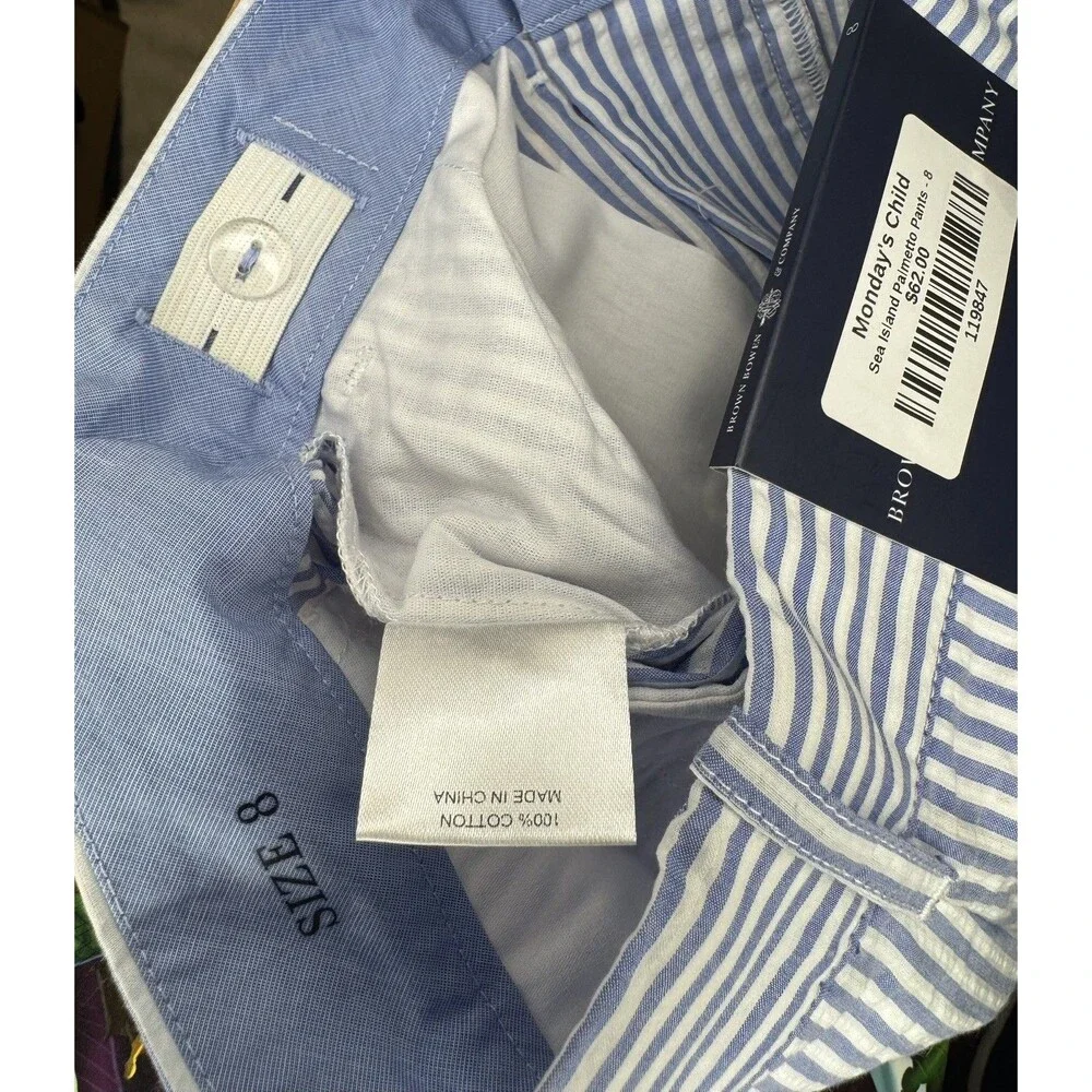 Brown Bowen & Co. Seersucker Blue/White Striped Pants Boys Sz 8 Adjustable Waist